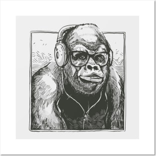 Hipster Gorilla with Headphones // Funny Gorilla Sketch Posters and Art